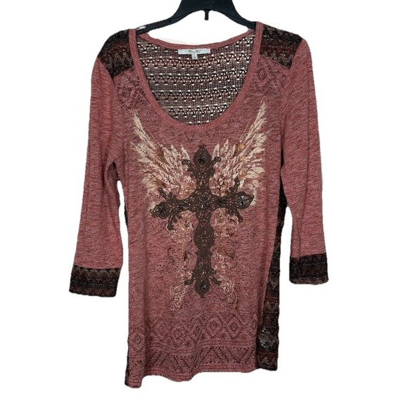 Miss Me Tops - Miss Me Embroidered Crochet Tee 3/4 Sleeve Y2K 90's Embellished Size Small Cross